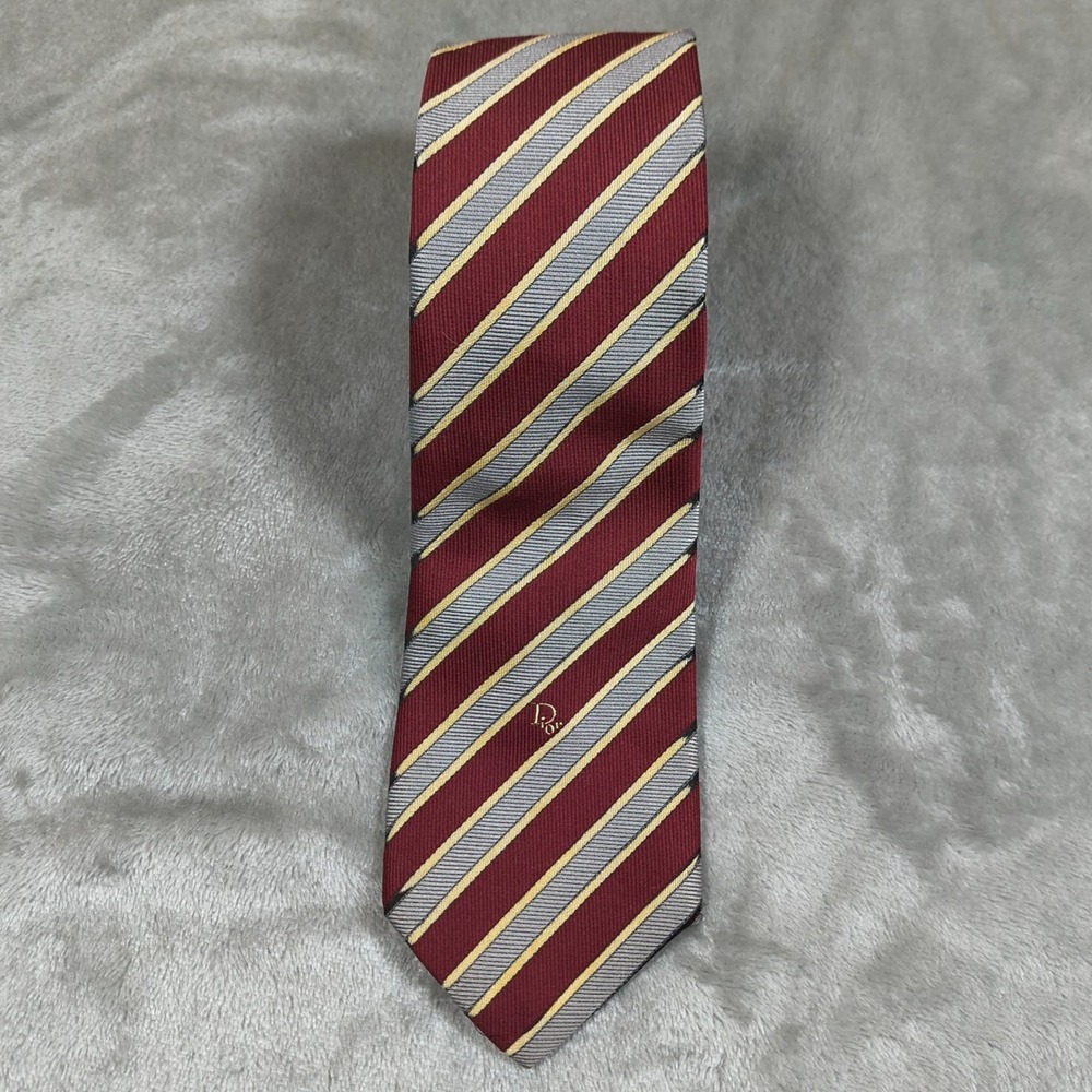 Vintage Christian Dior Tie Men 57x3.25 Red Silver Stripe Silk Blend Neckwear